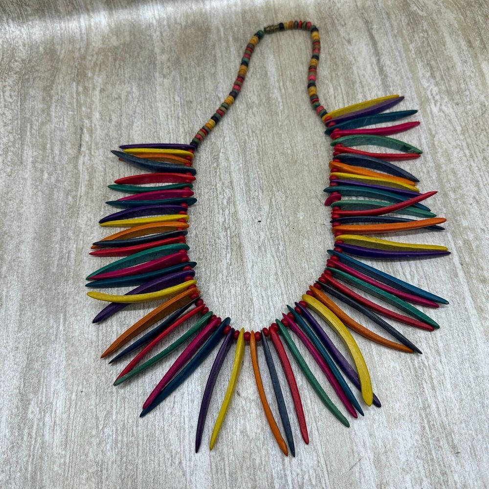 Vtg Exotic Indigenous Wood Beads Necklace Rainbow Colorful‎ Tribal African
